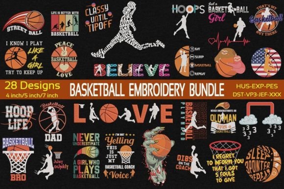 Basketball Embroidery Bundle: 28 Designs for Business Merch